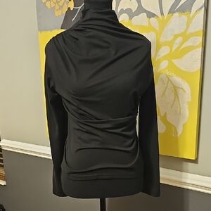 Black Draped Long-Sleeve Mock Neck Blouse